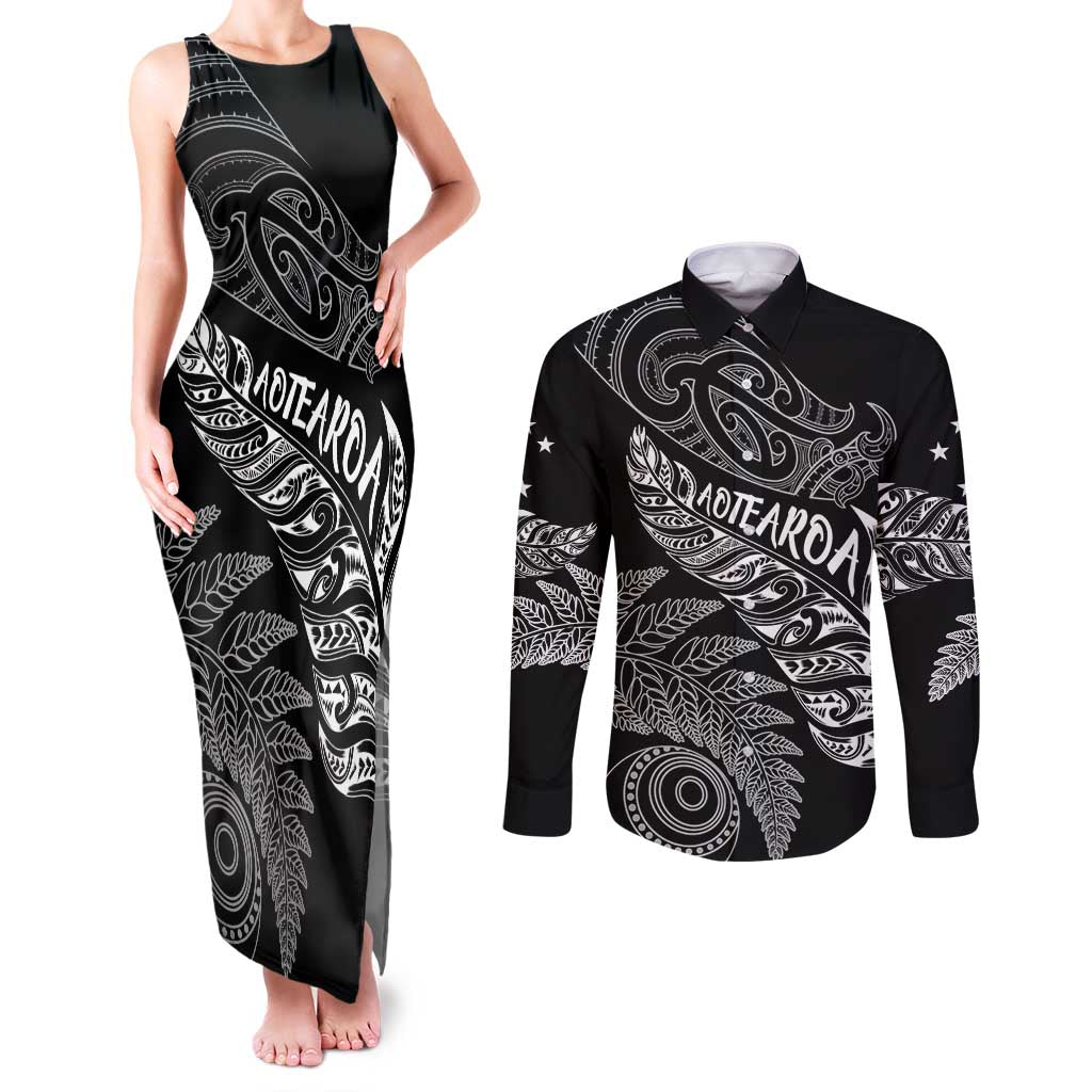 Aotearoa Personalized Lawn Bowls Maori Couples Matching Tank Maxi Dress and Long Sleeve Button Shirt New Zealand Black Tribal Silver Fern - Aussie Hoodie