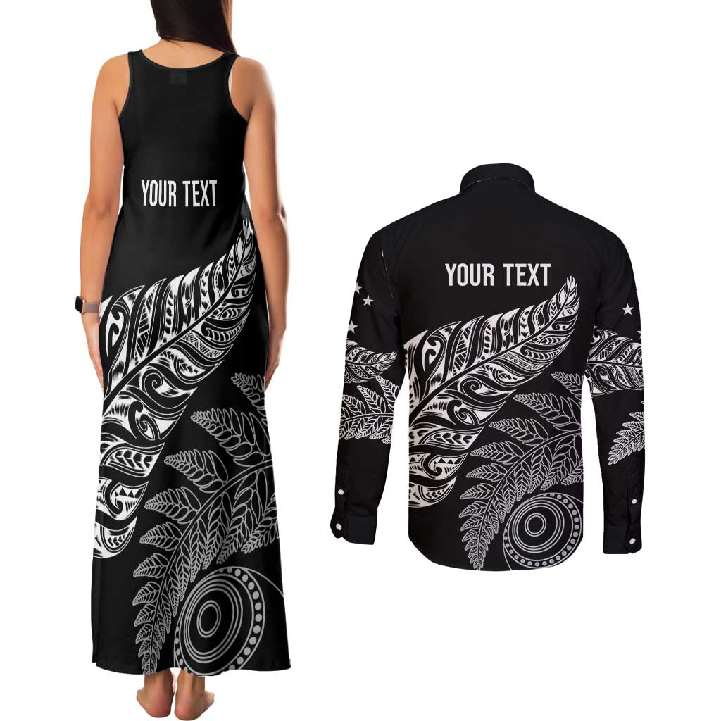 Aotearoa Personalized Lawn Bowls Maori Couples Matching Tank Maxi Dress and Long Sleeve Button Shirt New Zealand Black Tribal Silver Fern - Aussie Hoodie