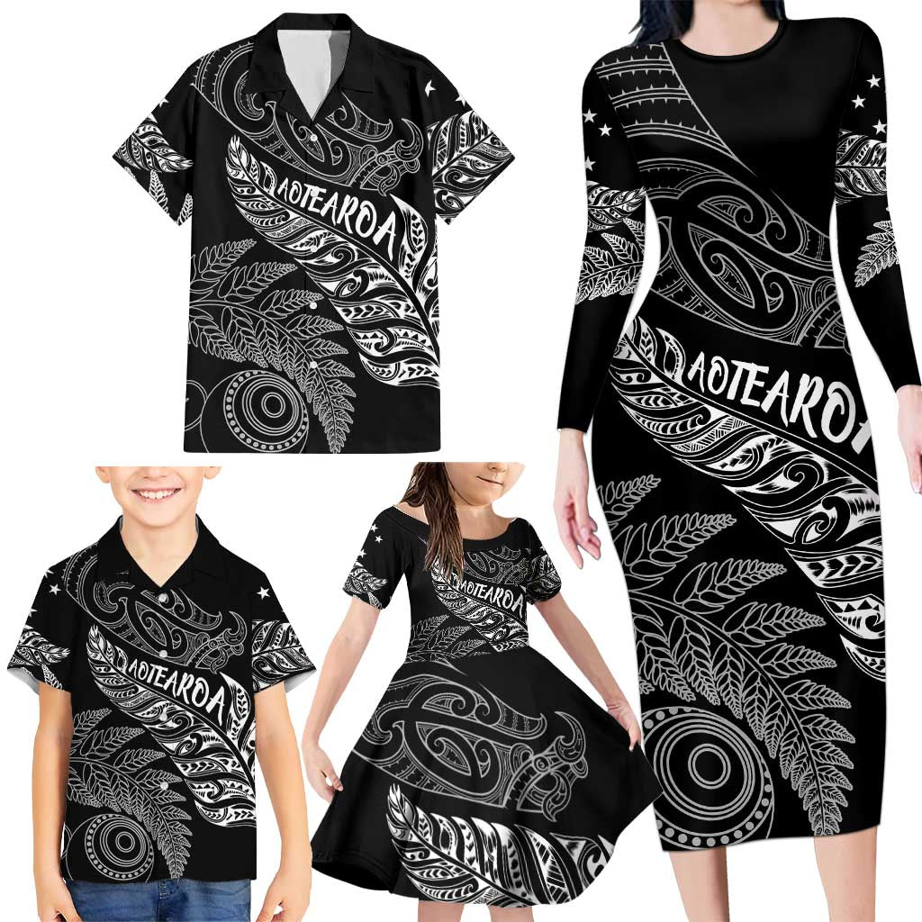 Aotearoa Personalized Lawn Bowls Maori Family Matching Long Sleeve Bodycon Dress and Hawaiian Shirt New Zealand Black Tribal Silver Fern - Aussie Hoodie
