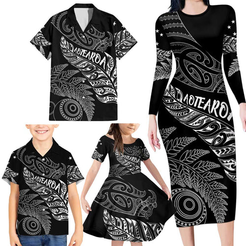 Aotearoa Personalized Lawn Bowls Maori Family Matching Long Sleeve Bodycon Dress and Hawaiian Shirt New Zealand Black Tribal Silver Fern - Aussie Hoodie