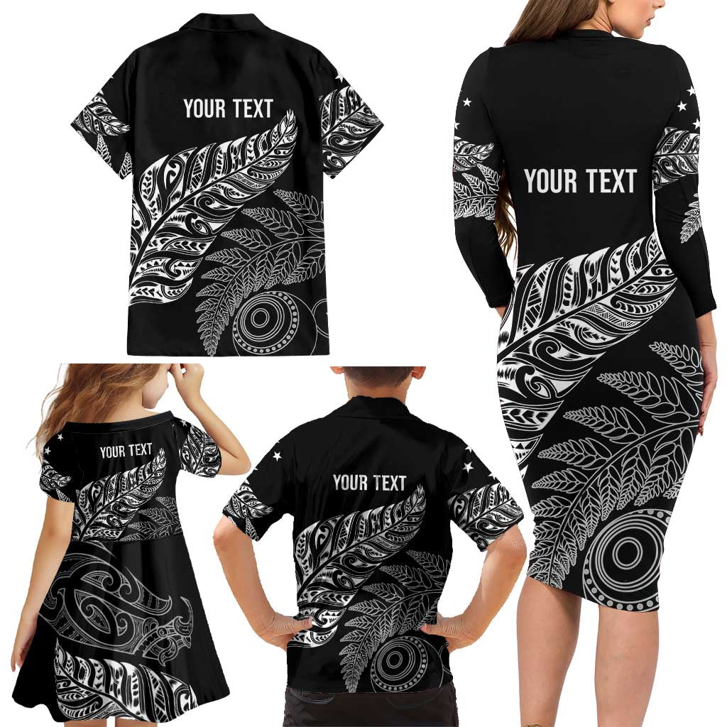 Aotearoa Personalized Lawn Bowls Maori Family Matching Long Sleeve Bodycon Dress and Hawaiian Shirt New Zealand Black Tribal Silver Fern - Aussie Hoodie