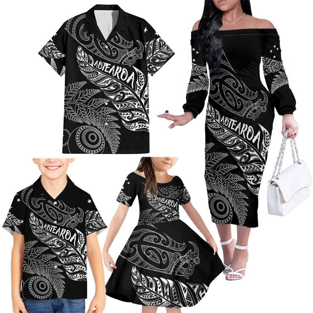 Aotearoa Personalized Lawn Bowls Maori Family Matching Off The Shoulder Long Sleeve Dress and Hawaiian Shirt New Zealand Black Tribal Silver Fern - Aussie Hoodie