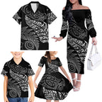 Aotearoa Personalized Lawn Bowls Maori Family Matching Off The Shoulder Long Sleeve Dress and Hawaiian Shirt New Zealand Black Tribal Silver Fern - Aussie Hoodie