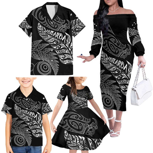 Aotearoa Personalized Lawn Bowls Maori Family Matching Off The Shoulder Long Sleeve Dress and Hawaiian Shirt New Zealand Black Tribal Silver Fern - Aussie Hoodie