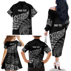 Aotearoa Personalized Lawn Bowls Maori Family Matching Off The Shoulder Long Sleeve Dress and Hawaiian Shirt New Zealand Black Tribal Silver Fern - Aussie Hoodie