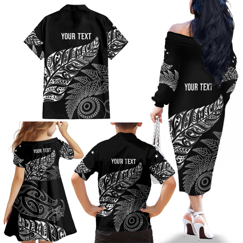 Aotearoa Personalized Lawn Bowls Maori Family Matching Off The Shoulder Long Sleeve Dress and Hawaiian Shirt New Zealand Black Tribal Silver Fern - Aussie Hoodie