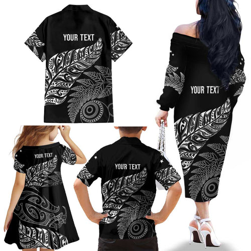Aotearoa Personalized Lawn Bowls Maori Family Matching Off The Shoulder Long Sleeve Dress and Hawaiian Shirt New Zealand Black Tribal Silver Fern - Aussie Hoodie