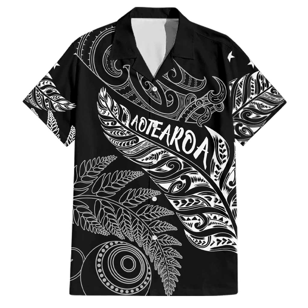 Aotearoa Personalized Lawn Bowls Maori Family Matching Off The Shoulder Long Sleeve Dress and Hawaiian Shirt New Zealand Black Tribal Silver Fern - Aussie Hoodie