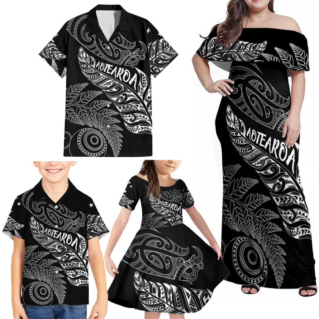 Aotearoa Personalized Lawn Bowls Maori Family Matching Off Shoulder Maxi Dress and Hawaiian Shirt New Zealand Black Tribal Silver Fern - Aussie Hoodie