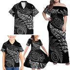 Aotearoa Personalized Lawn Bowls Maori Family Matching Off Shoulder Maxi Dress and Hawaiian Shirt New Zealand Black Tribal Silver Fern - Aussie Hoodie