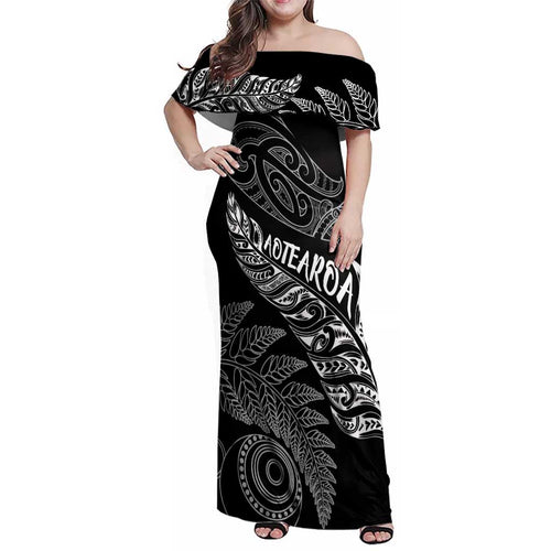 Aotearoa Personalized Lawn Bowls Maori Family Matching Off Shoulder Maxi Dress and Hawaiian Shirt New Zealand Black Tribal Silver Fern - Aussie Hoodie