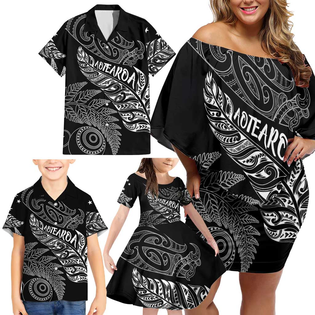 Aotearoa Personalized Lawn Bowls Maori Family Matching Off Shoulder Short Dress and Hawaiian Shirt New Zealand Black Tribal Silver Fern - Aussie Hoodie