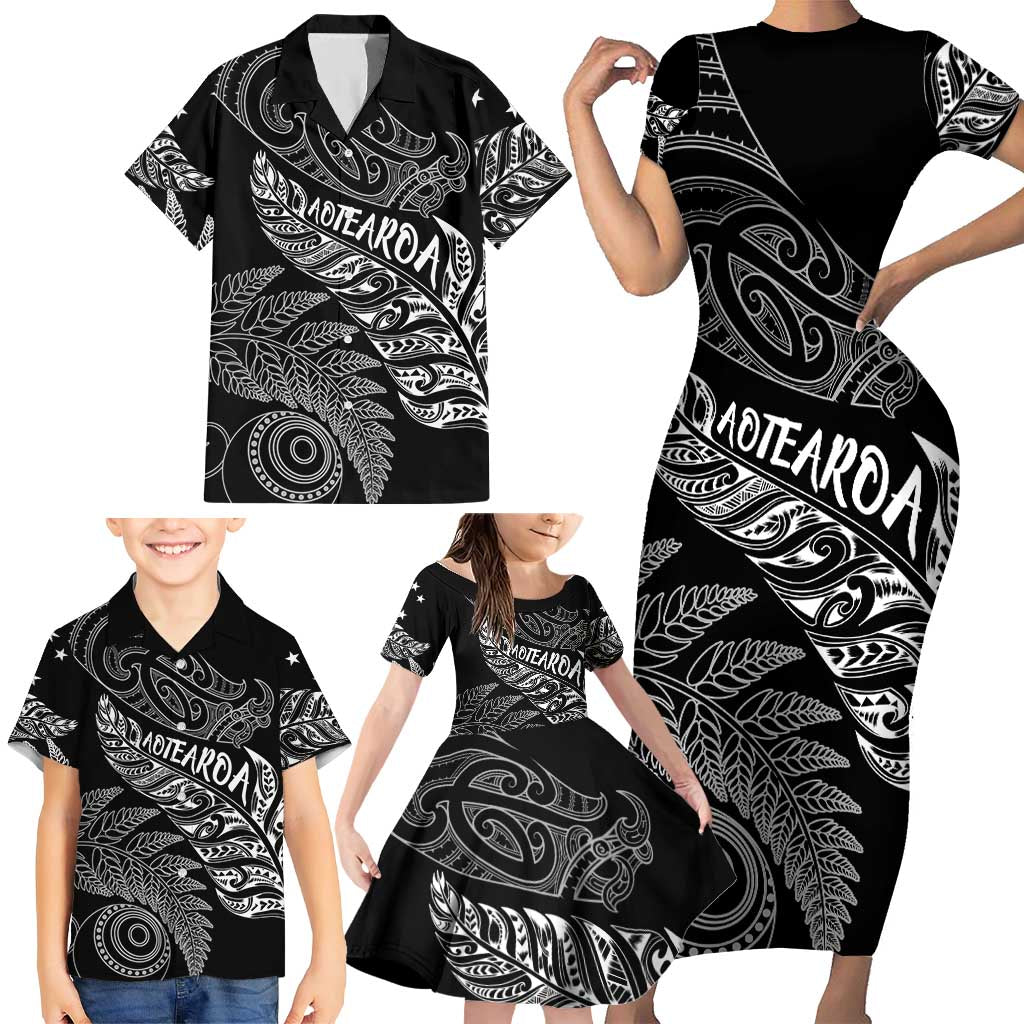 Aotearoa Personalized Lawn Bowls Maori Family Matching Short Sleeve Bodycon Dress and Hawaiian Shirt New Zealand Black Tribal Silver Fern - Aussie Hoodie