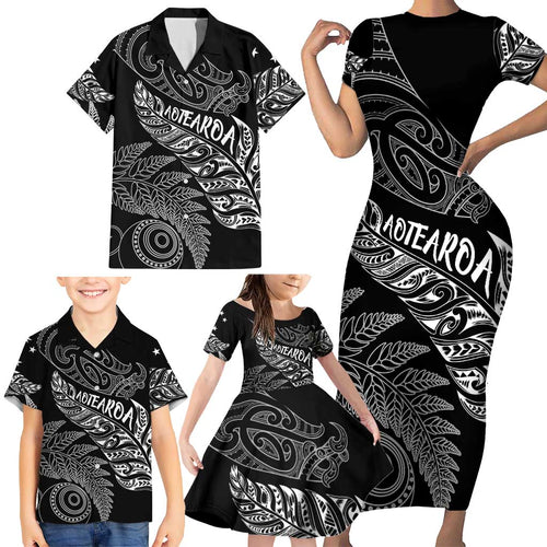 Aotearoa Personalized Lawn Bowls Maori Family Matching Short Sleeve Bodycon Dress and Hawaiian Shirt New Zealand Black Tribal Silver Fern - Aussie Hoodie