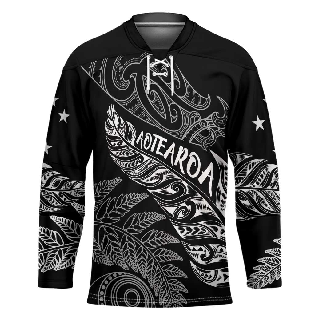 Aotearoa Personalized Lawn Bowls Maori Hockey Jersey New Zealand Black Tribal Silver Fern - Aussie Hoodie