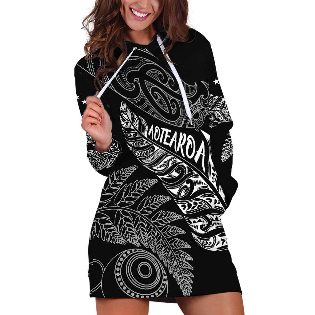 Aotearoa Personalized Lawn Bowls Maori Hoodie Dress New Zealand Black Tribal Silver Fern - Aussie Hoodie