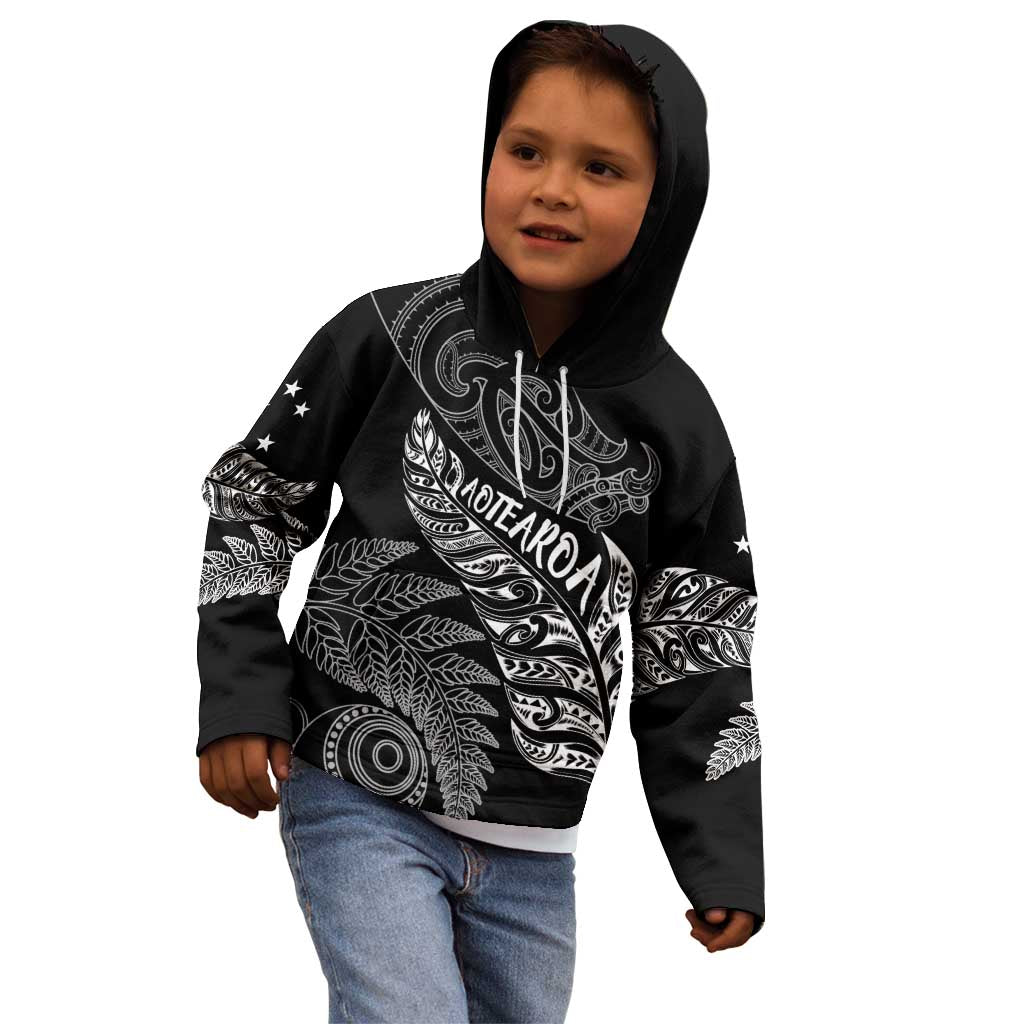 Aotearoa Personalized Lawn Bowls Maori Kid Hoodie New Zealand Black Tribal Silver Fern - Aussie Hoodie