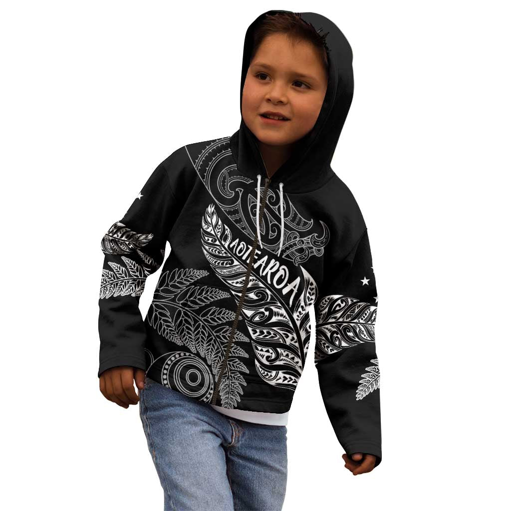 Aotearoa Personalized Lawn Bowls Maori Kid Hoodie New Zealand Black Tribal Silver Fern - Aussie Hoodie