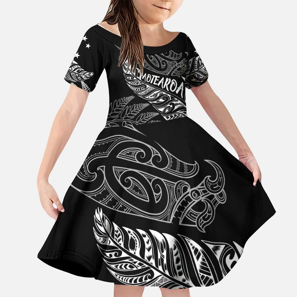Aotearoa Personalized Lawn Bowls Maori Kid Short Sleeve Dress New Zealand Black Tribal Silver Fern - Aussie Hoodie