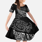 Aotearoa Personalized Lawn Bowls Maori Kid Short Sleeve Dress New Zealand Black Tribal Silver Fern - Aussie Hoodie