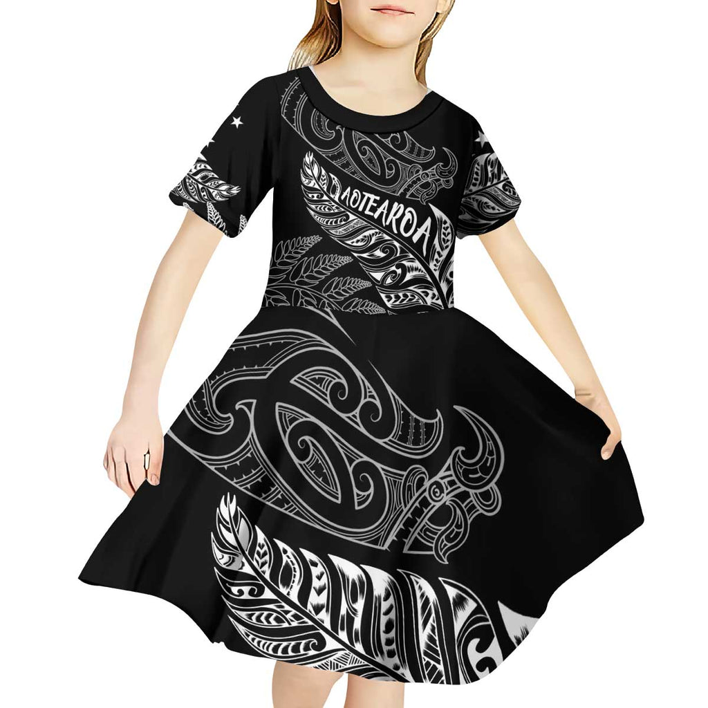 Aotearoa Personalized Lawn Bowls Maori Kid Short Sleeve Dress New Zealand Black Tribal Silver Fern - Aussie Hoodie