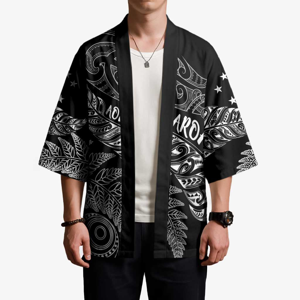 Aotearoa Personalized Lawn Bowls Maori Kimono New Zealand Black Tribal Silver Fern - Aussie Hoodie