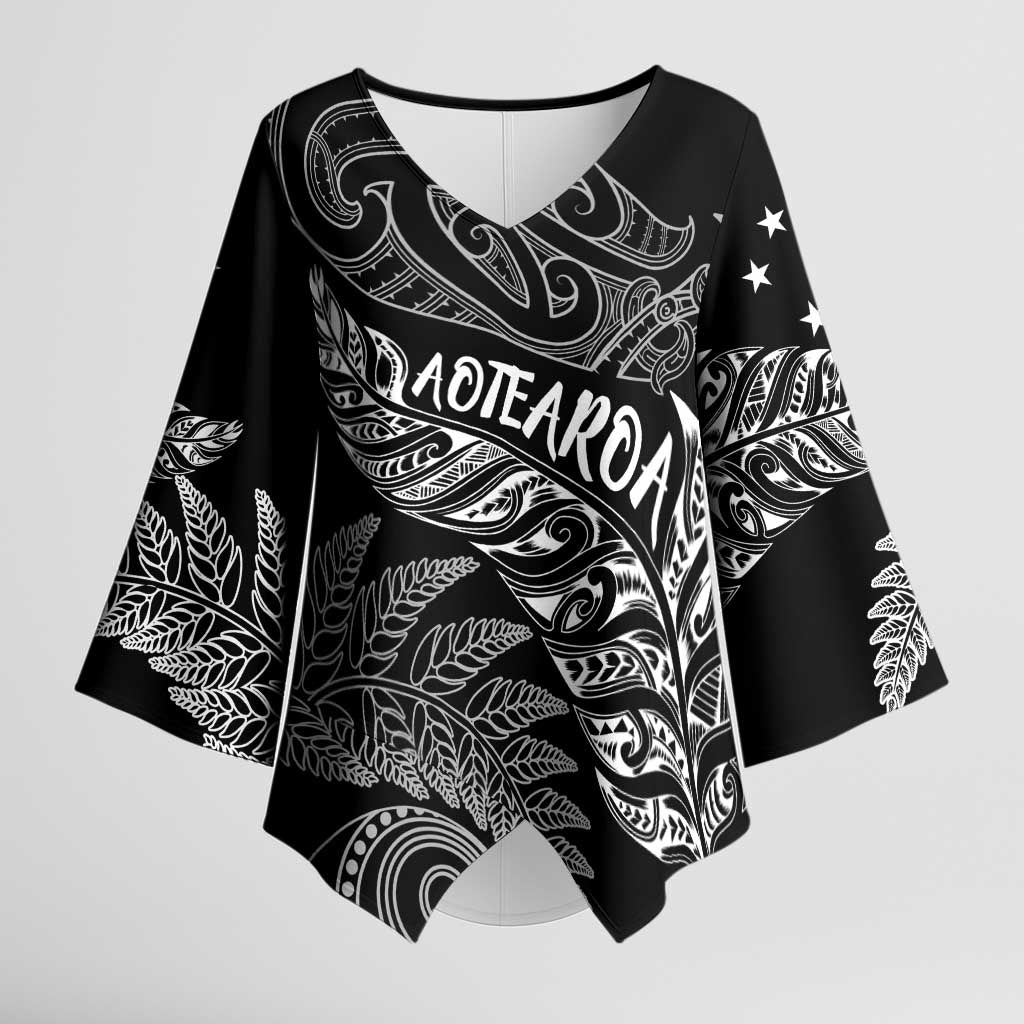 Aotearoa Personalized Lawn Bowls Maori Kimono Sleeve Blouse New Zealand Black Tribal Silver Fern - Aussie Hoodie