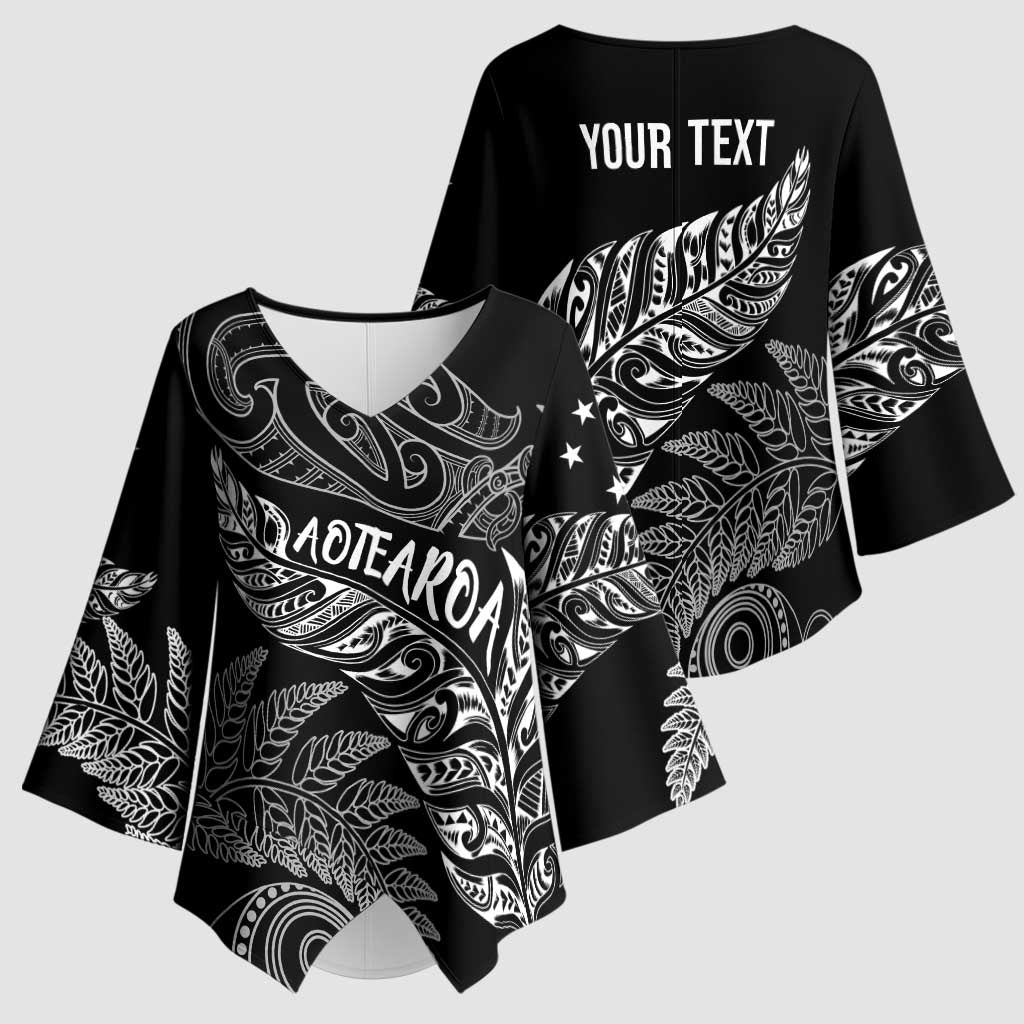Aotearoa Personalized Lawn Bowls Maori Kimono Sleeve Blouse New Zealand Black Tribal Silver Fern - Aussie Hoodie