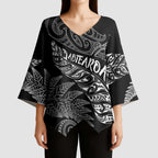 Aotearoa Personalized Lawn Bowls Maori Kimono Sleeve Blouse New Zealand Black Tribal Silver Fern - Aussie Hoodie