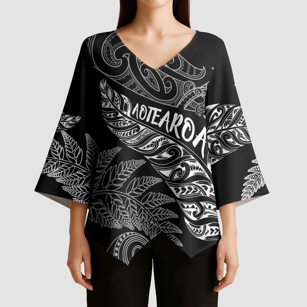Aotearoa Personalized Lawn Bowls Maori Kimono Sleeve Blouse New Zealand Black Tribal Silver Fern - Aussie Hoodie