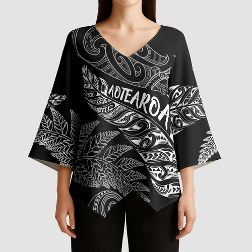 Aotearoa Personalized Lawn Bowls Maori Kimono Sleeve Blouse New Zealand Black Tribal Silver Fern - Aussie Hoodie