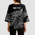 Aotearoa Personalized Lawn Bowls Maori Kimono Sleeve Blouse New Zealand Black Tribal Silver Fern - Aussie Hoodie