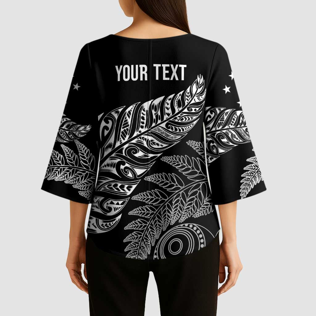 Aotearoa Personalized Lawn Bowls Maori Kimono Sleeve Blouse New Zealand Black Tribal Silver Fern - Aussie Hoodie