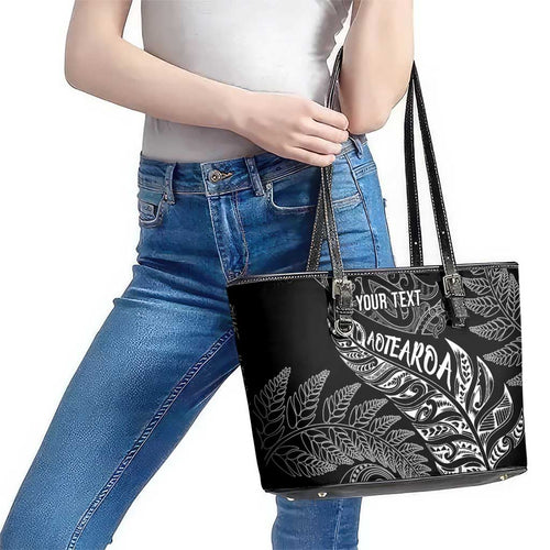 Aotearoa Personalized Lawn Bowls Maori Leather Tote Bag New Zealand Black Tribal Silver Fern - Aussie Hoodie