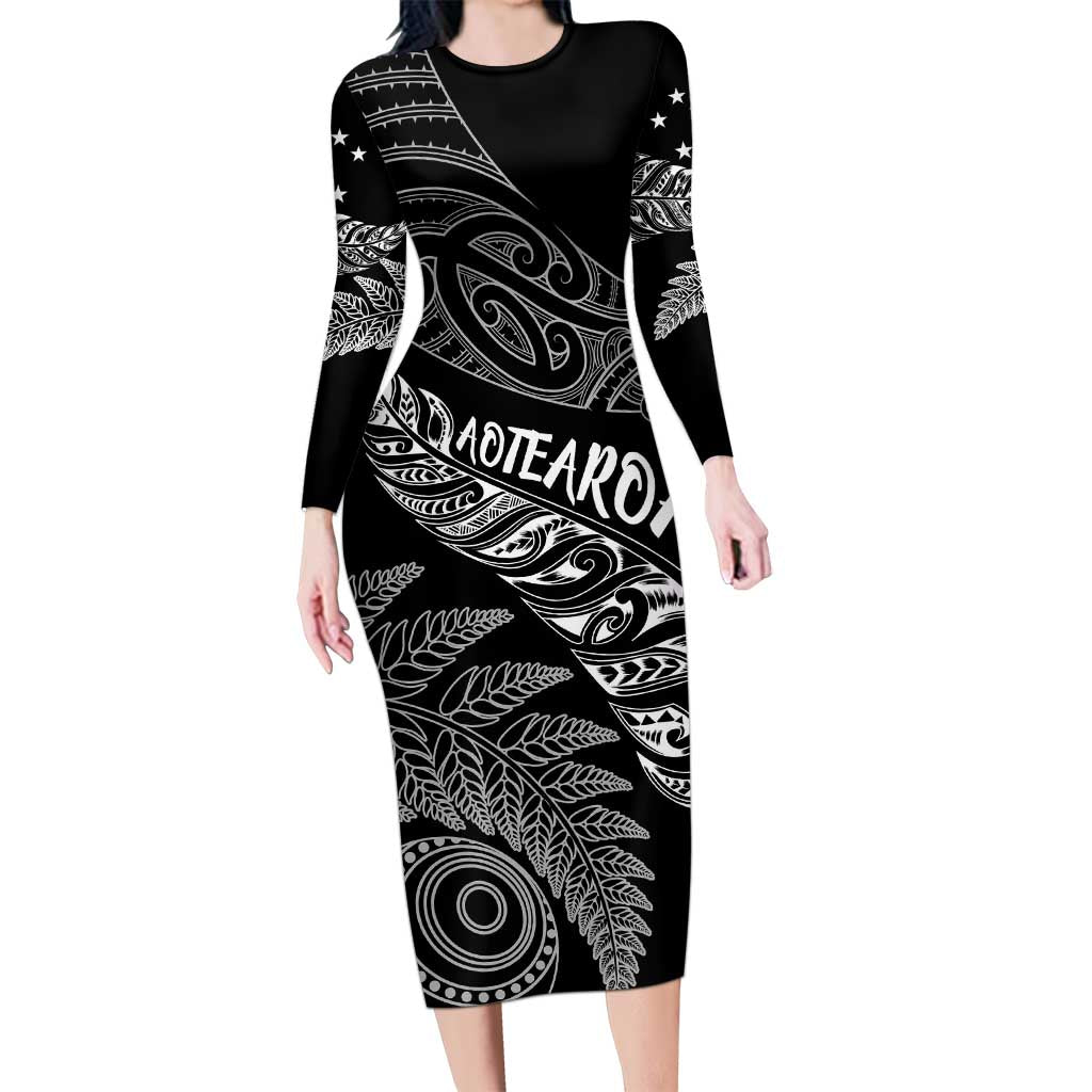 Aotearoa Personalized Lawn Bowls Maori Long Sleeve Bodycon Dress New Zealand Black Tribal Silver Fern - Aussie Hoodie