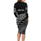 Aotearoa Personalized Lawn Bowls Maori Long Sleeve Bodycon Dress New Zealand Black Tribal Silver Fern - Aussie Hoodie