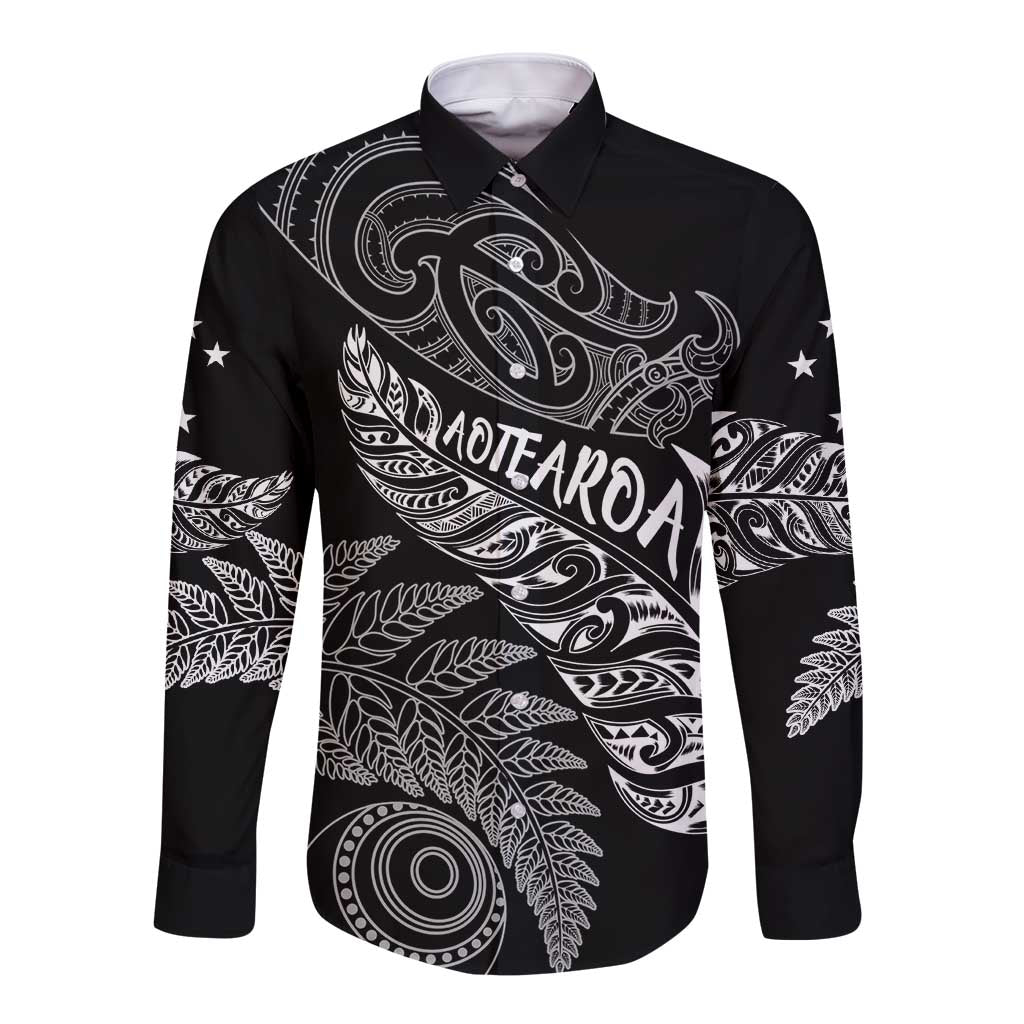 Aotearoa Personalized Lawn Bowls Maori Long Sleeve Button Shirt New Zealand Black Tribal Silver Fern - Aussie Hoodie