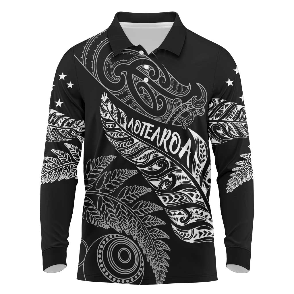Aotearoa Personalized Lawn Bowls Maori Long Sleeve Polo Shirt New Zealand Black Tribal Silver Fern - Aussie Hoodie