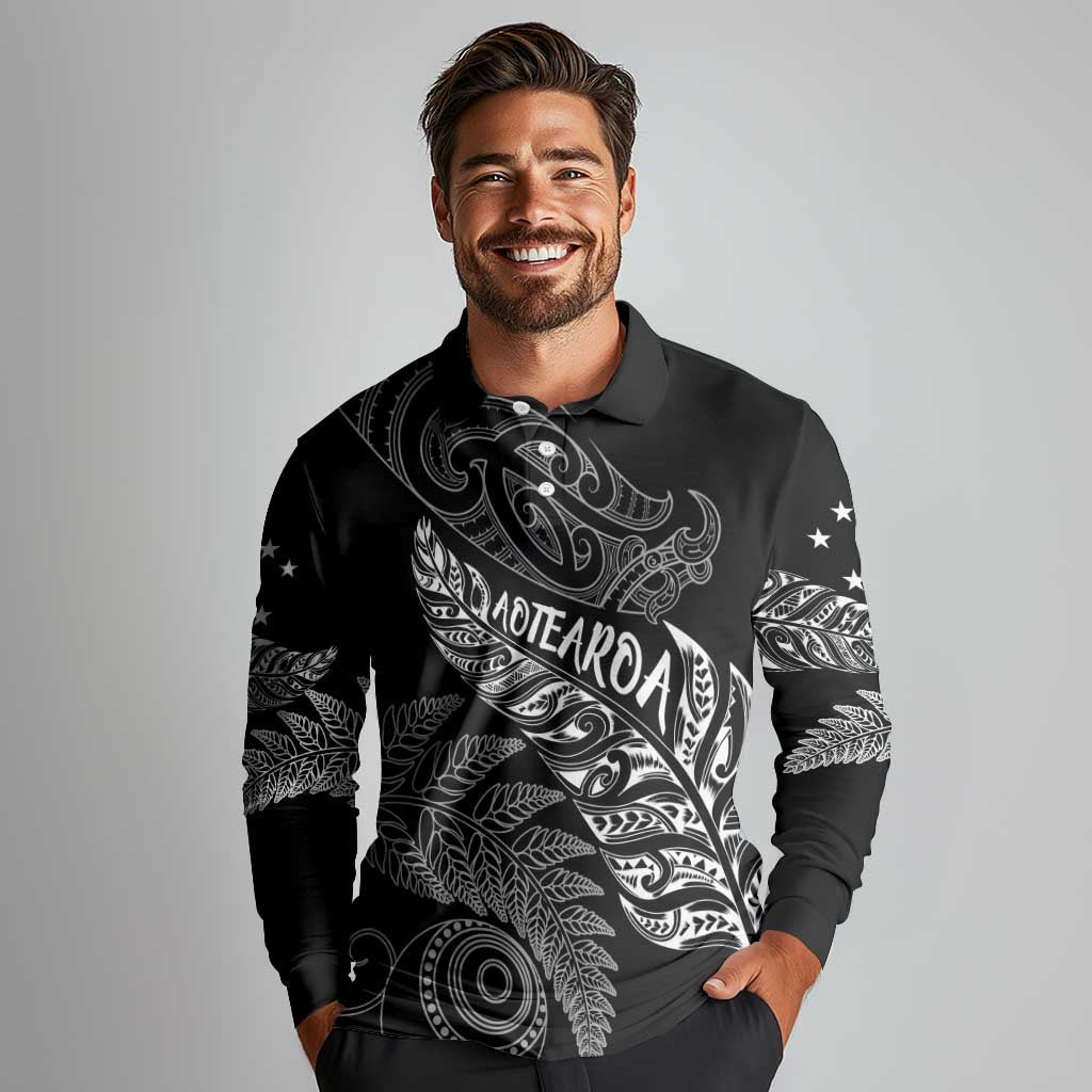 Aotearoa Personalized Lawn Bowls Maori Long Sleeve Polo Shirt New Zealand Black Tribal Silver Fern - Aussie Hoodie