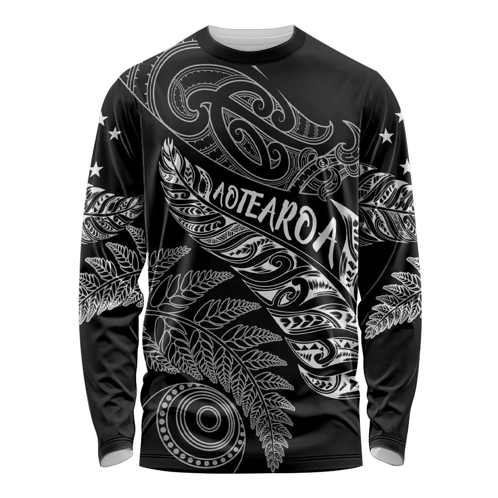 Aotearoa Personalized Lawn Bowls Maori Long Sleeve Shirt New Zealand Black Tribal Silver Fern - Aussie Hoodie