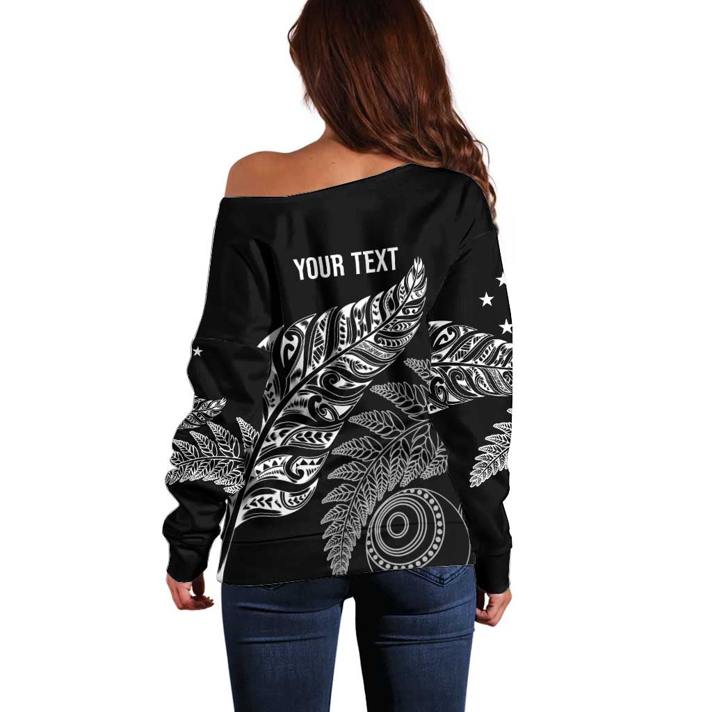 Aotearoa Personalized Lawn Bowls Maori Off Shoulder Sweater New Zealand Black Tribal Silver Fern - Aussie Hoodie