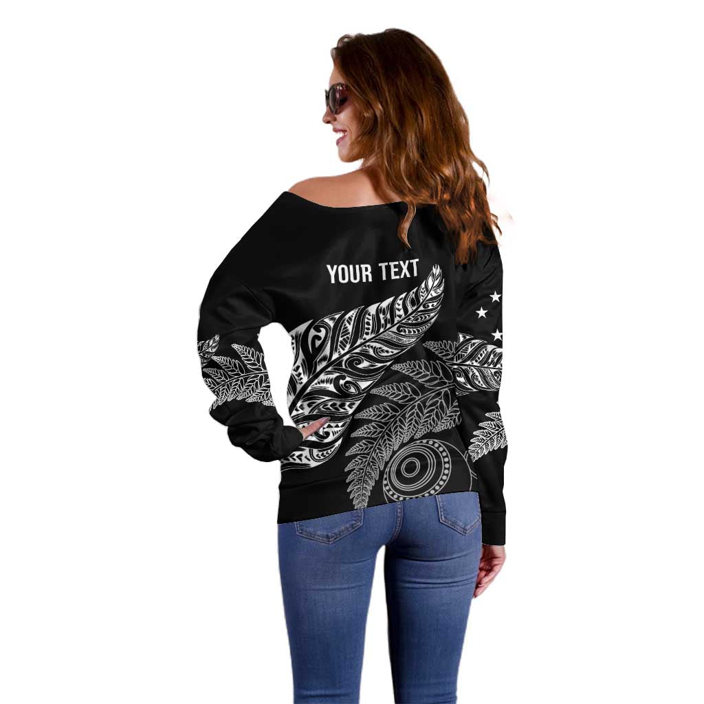 Aotearoa Personalized Lawn Bowls Maori Off Shoulder Sweater New Zealand Black Tribal Silver Fern - Aussie Hoodie