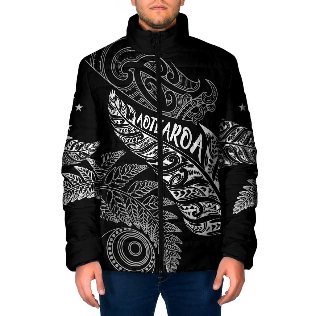 Aotearoa Personalized Lawn Bowls Maori Padded Jacket New Zealand Black Tribal Silver Fern - Aussie Hoodie