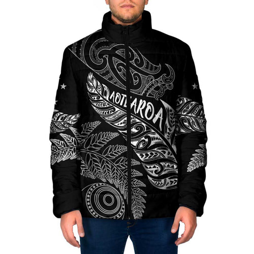 Aotearoa Personalized Lawn Bowls Maori Padded Jacket New Zealand Black Tribal Silver Fern - Aussie Hoodie