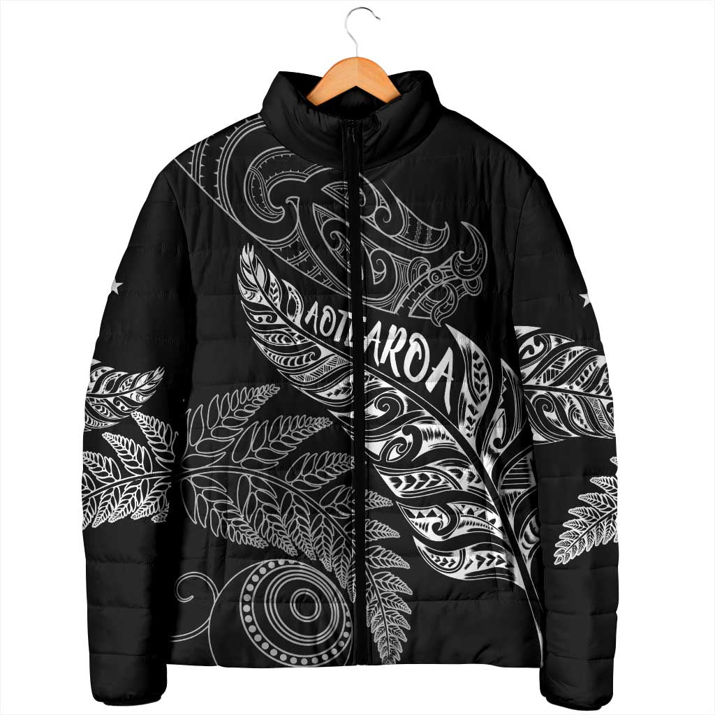 Aotearoa Personalized Lawn Bowls Maori Padded Jacket New Zealand Black Tribal Silver Fern - Aussie Hoodie