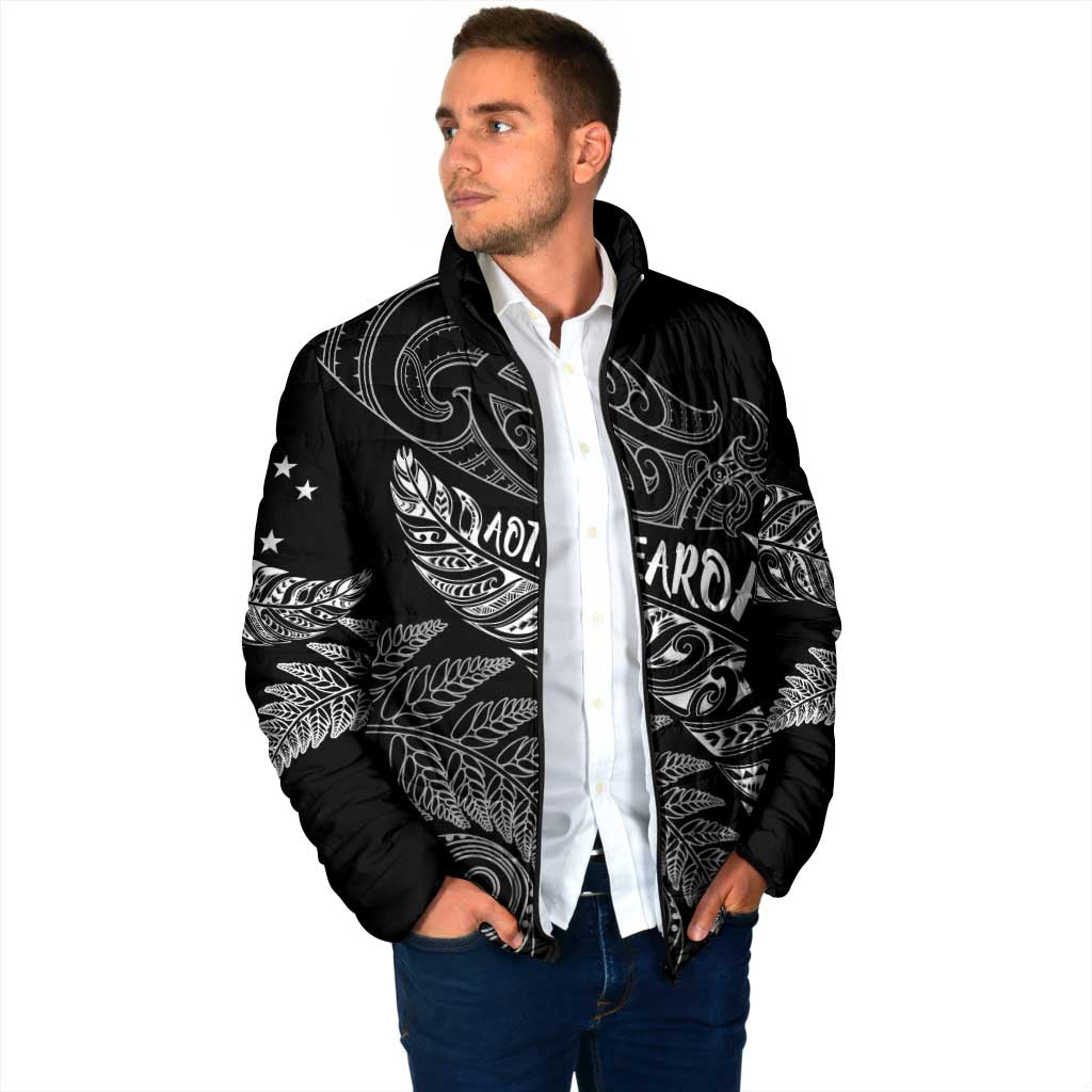 Aotearoa Personalized Lawn Bowls Maori Padded Jacket New Zealand Black Tribal Silver Fern - Aussie Hoodie