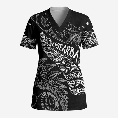 Aotearoa Personalized Lawn Bowls Maori Scrub Top New Zealand Black Tribal Silver Fern - Aussie Hoodie