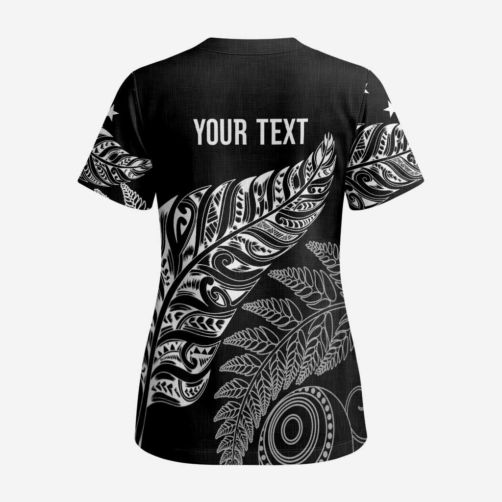 Aotearoa Personalized Lawn Bowls Maori Scrub Top New Zealand Black Tribal Silver Fern - Aussie Hoodie