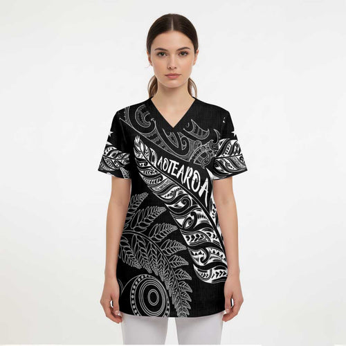 Aotearoa Personalized Lawn Bowls Maori Scrub Top New Zealand Black Tribal Silver Fern - Aussie Hoodie