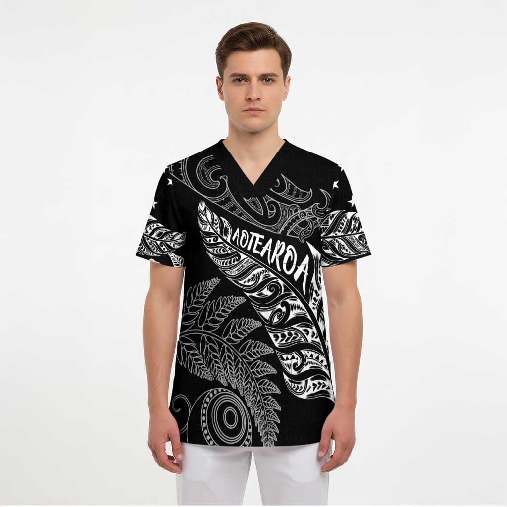 Aotearoa Personalized Lawn Bowls Maori Scrub Top New Zealand Black Tribal Silver Fern - Aussie Hoodie